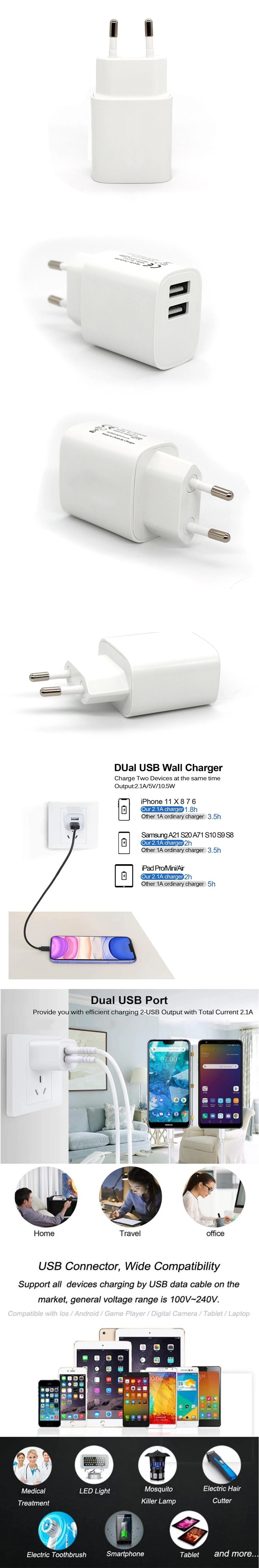 Mobile Charger Dual Port USB EU Plug 2A Wall Charger