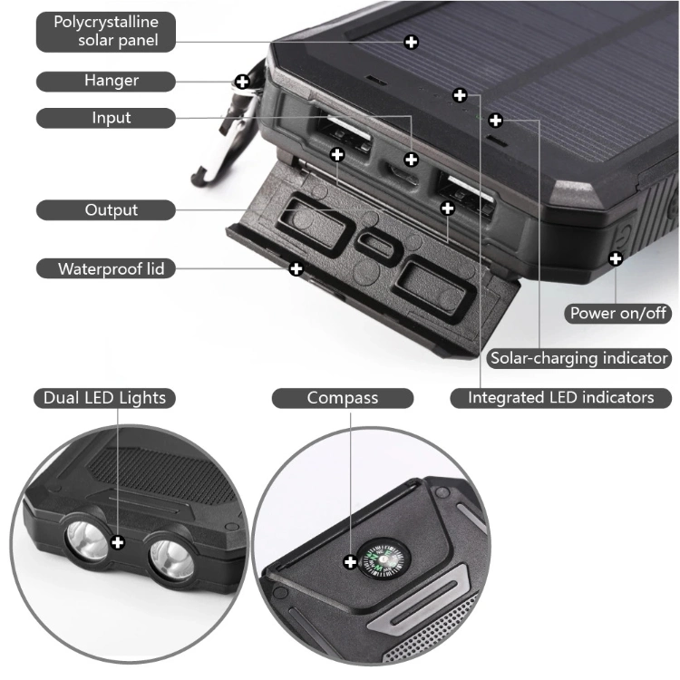 15000mAh Dual USB Cellphone Charger Emergency Solar Power Bank Charger with LED Light
