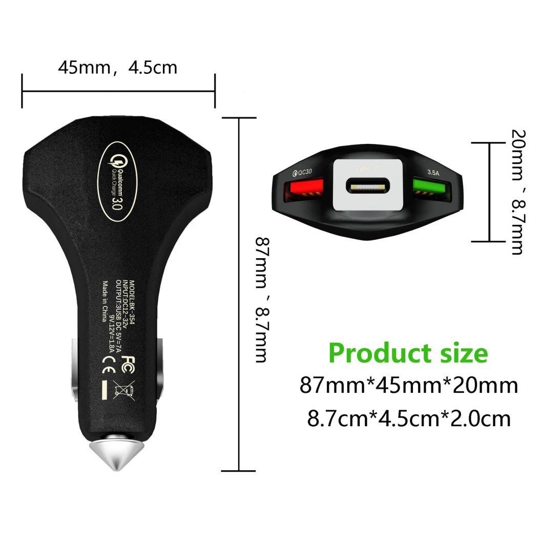 QC3.0 Fast Charge 35W Safety Hammer Type-C+Dual USB Car Charger