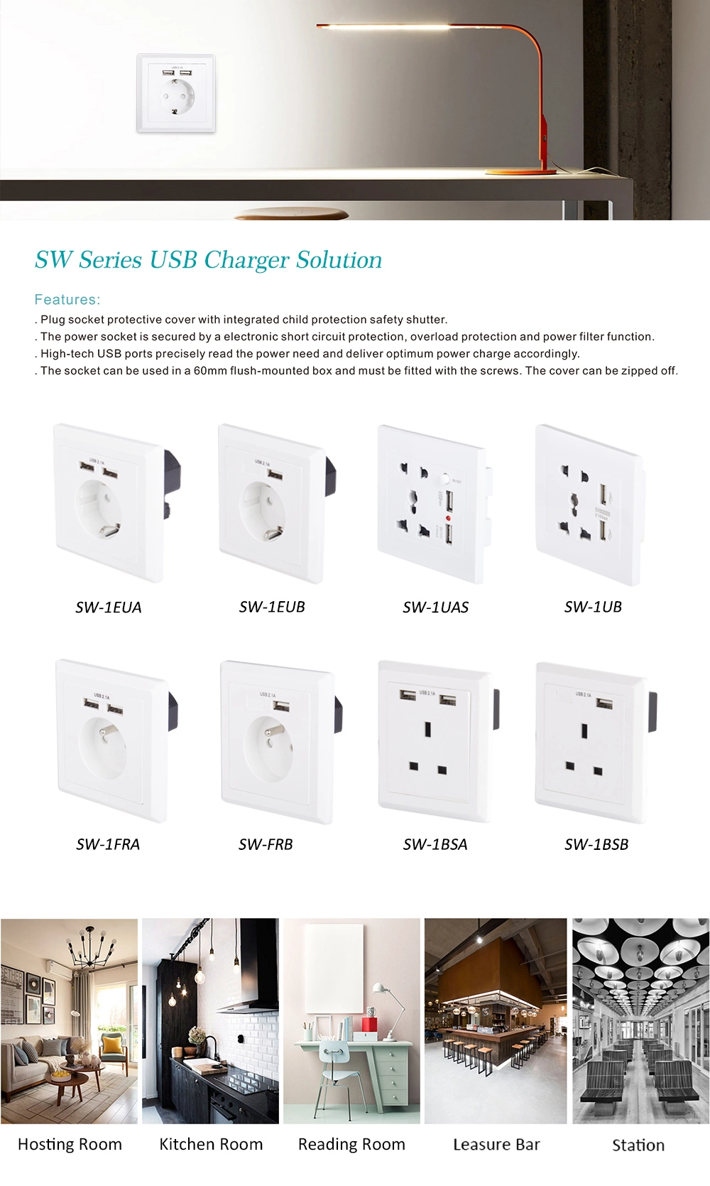 13A/16A Socket with USB Charger 1 Gang + USB, Outlet: Schuko/BS/France