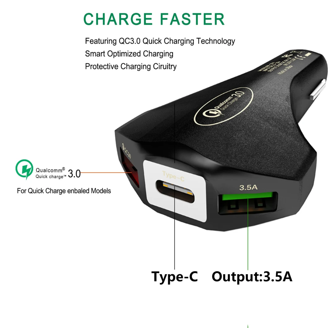 QC3.0 Fast Charge 35W Safety Hammer Type-C+Dual USB Car Charger
