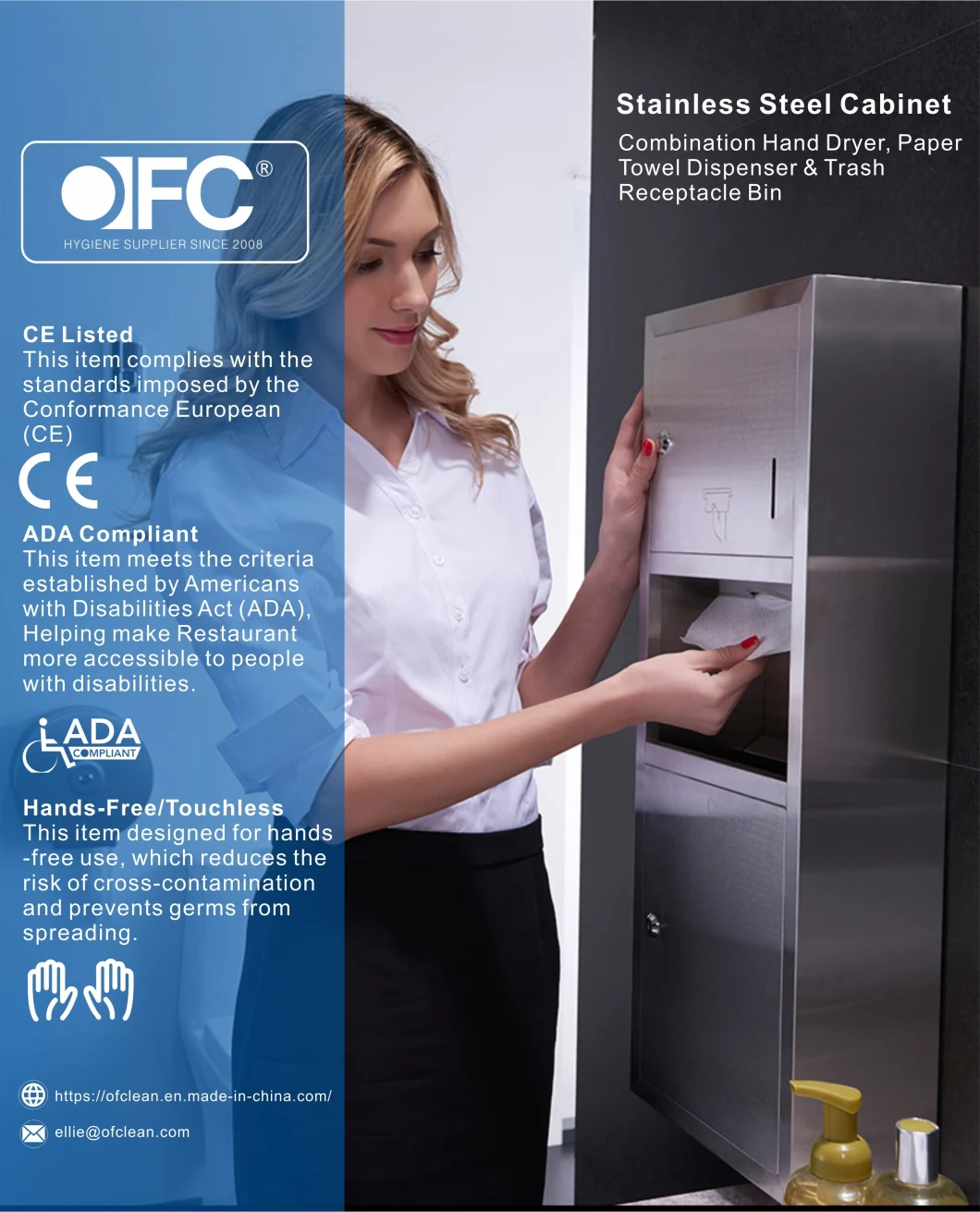 Combination Hygiene Recessed Paper Towel Dispenser/Automatic Hand Dryer/ Waste Receptacle