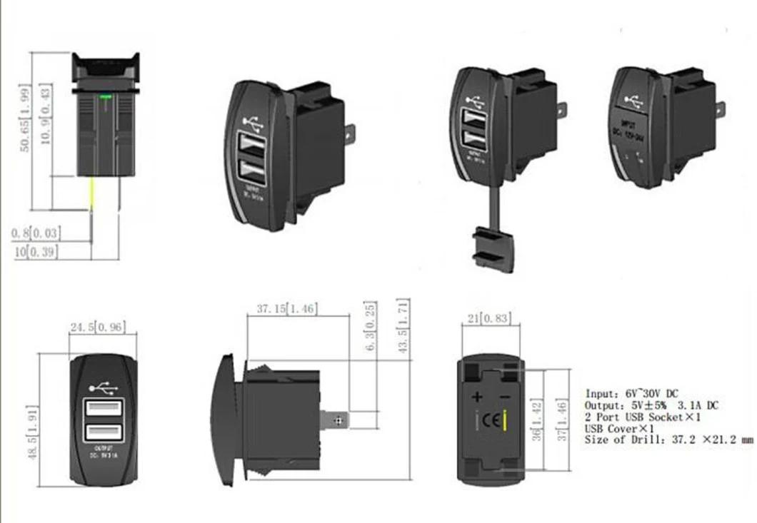 Universal Car USB Charger - Dual USB Ports Power Socket LED Light for Rocker Switch Panel (Green)