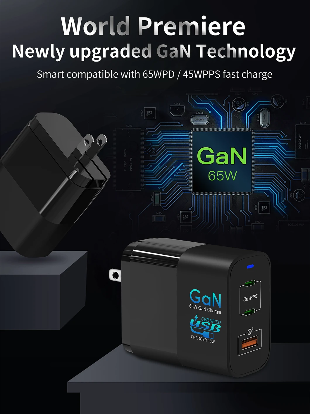 CE RoHS Kc Hot Pd QC3.0 3 Port Charger USB C Quick Charge Fast USB Charger EU UK Kr Pin Pd GaN Adapter 65W GaN Charger