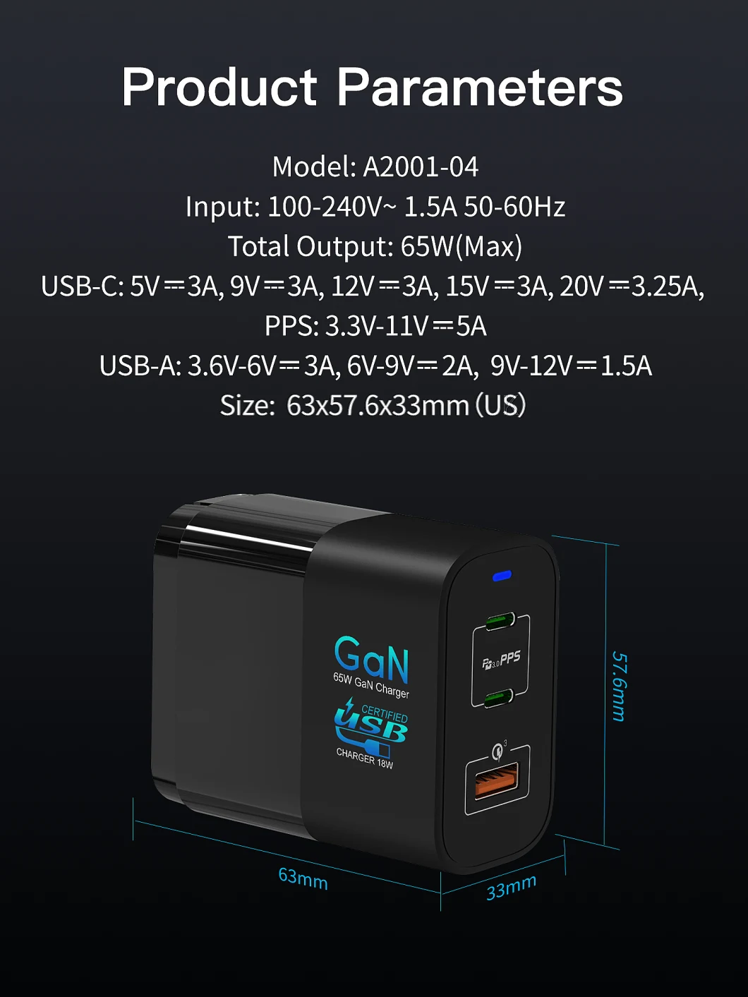 CE RoHS Kc Hot Pd QC3.0 3 Port Charger USB C Quick Charge Fast USB Charger EU UK Kr Pin Pd GaN Adapter 65W GaN Charger