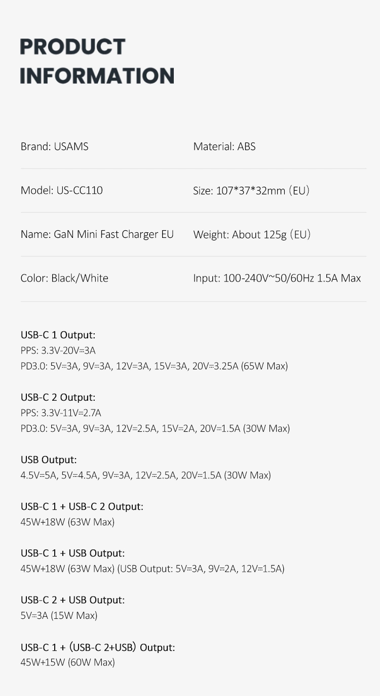 Usams GaN Pd Fast Charger with 3 Multi Port USB Fast Charging USB C Charger 65W