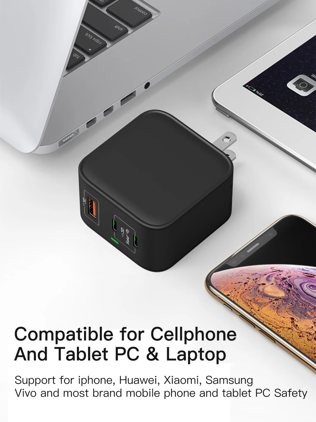 65W Pd Fast Charger Powered, USB C GaN Fast Wall Charger (3-Charging Port) Travel Easy with Foldable Plug,