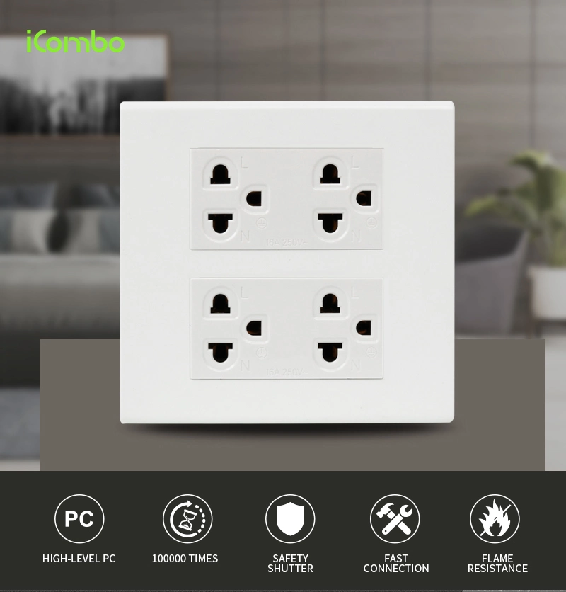 120*120mm Wall Duplex 6 Pin Electrical Power Outlet for Thailand 250V 16A