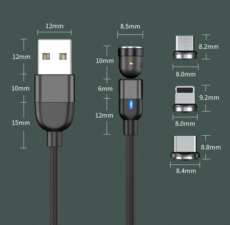 Amazon Hot Sale 540 Rotatable 5V 2.4A Fast Charger USB 3 in 1 Magnetic Charging Micro Data Cable Phone Accessories