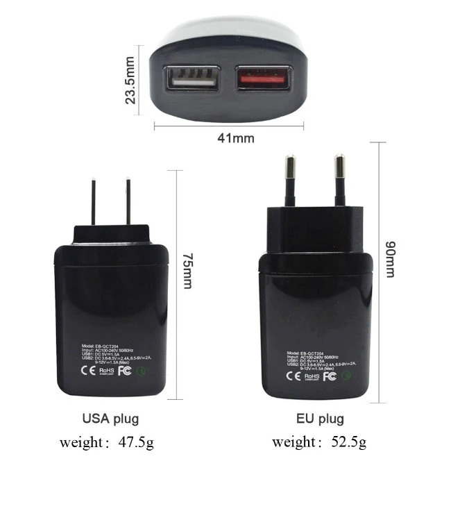 QC3.0 Travel Charger Dual USB Wall Charger+USB Cable