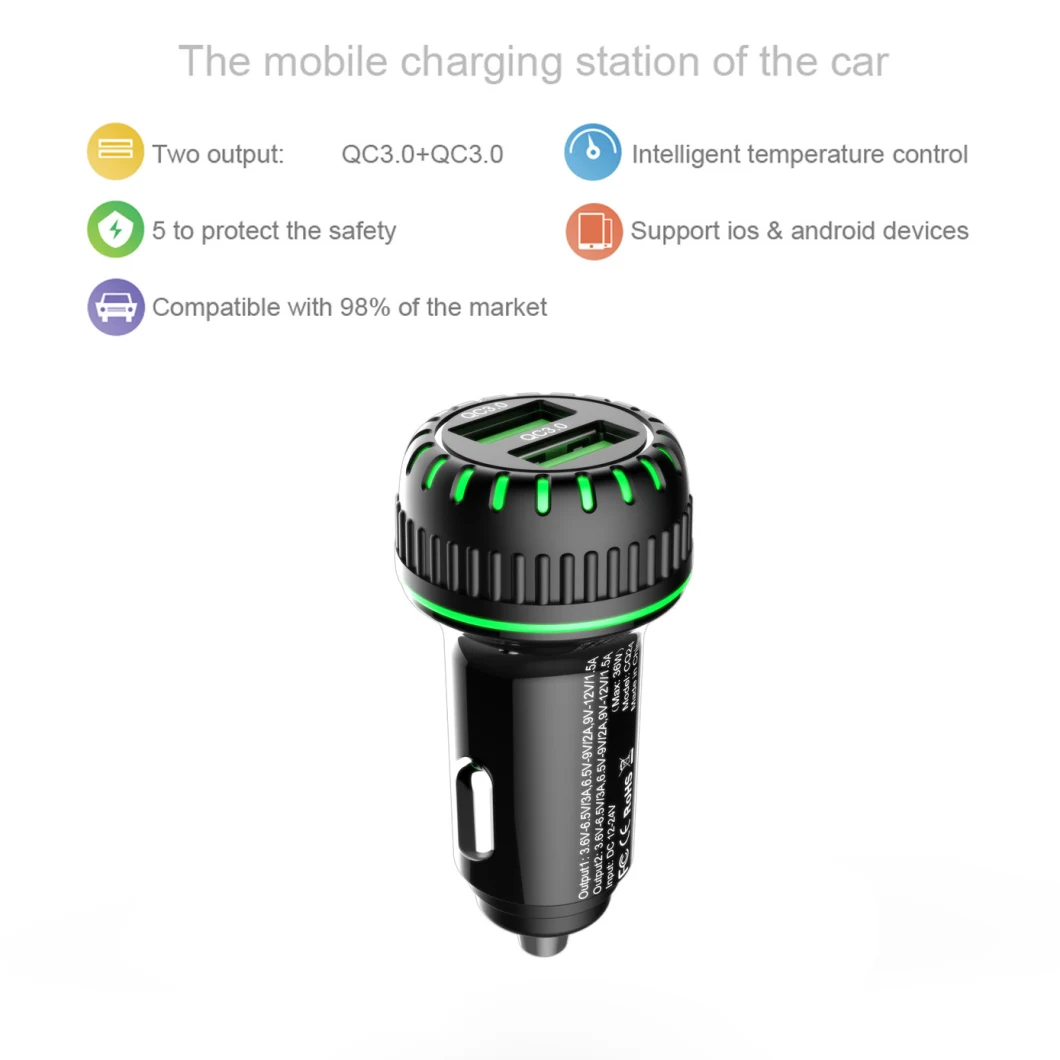 5V 3A Smartphones Charger Universal USB Car Charger Dual Port QC3.0, 36W USB Car Charger