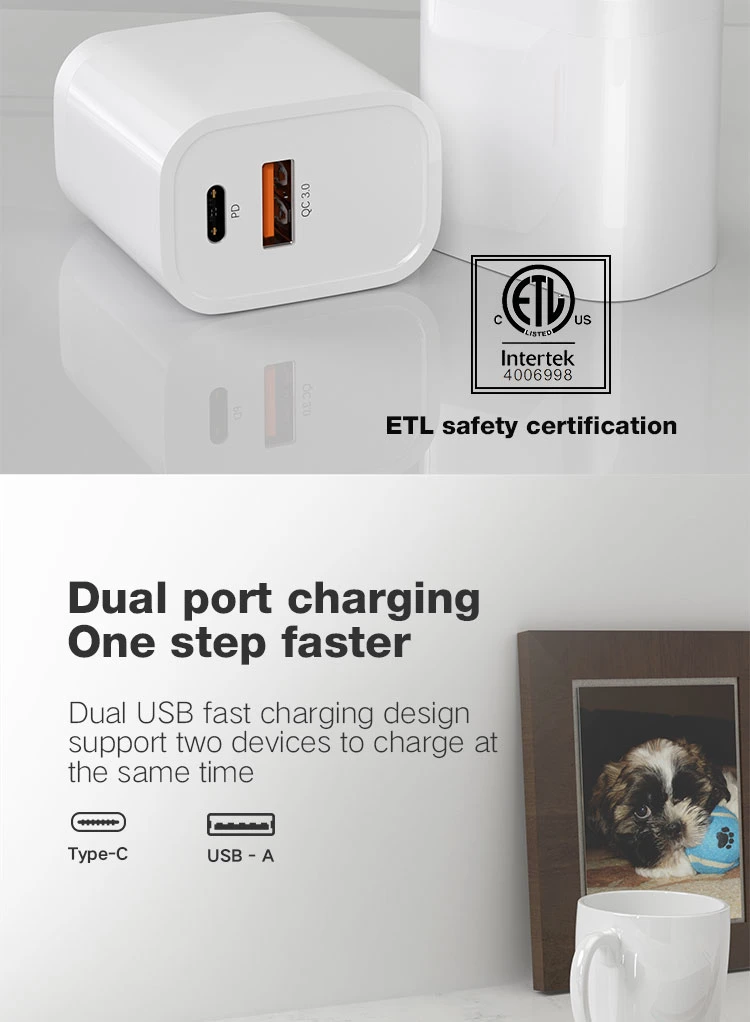 ETL Certification Type-C Fast Charger QC3.0 Pd 18W Wall Charger