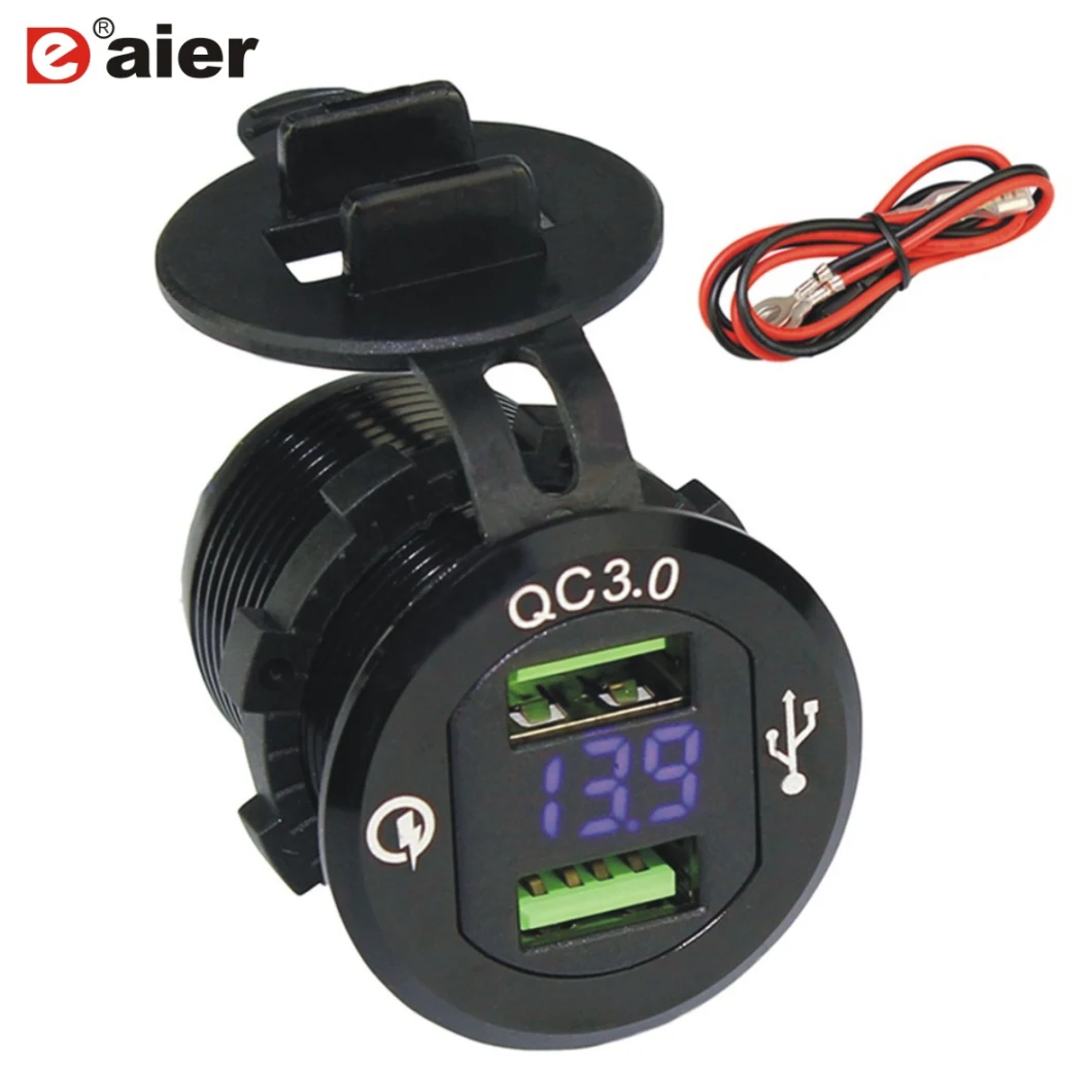 Quick Charge 3.0 Dual USB Socket Charger Power Outlet Aluminum Housing with LED Voltmeter Ds9602
