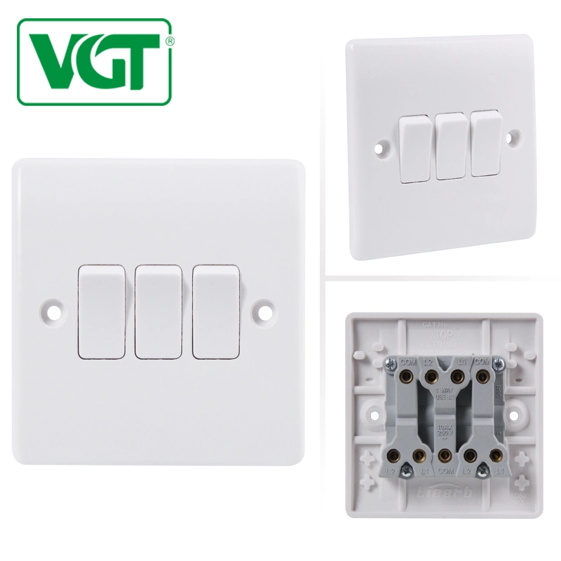 BS 3 Gang 1 Way 10A Electrical Light Wall Switch