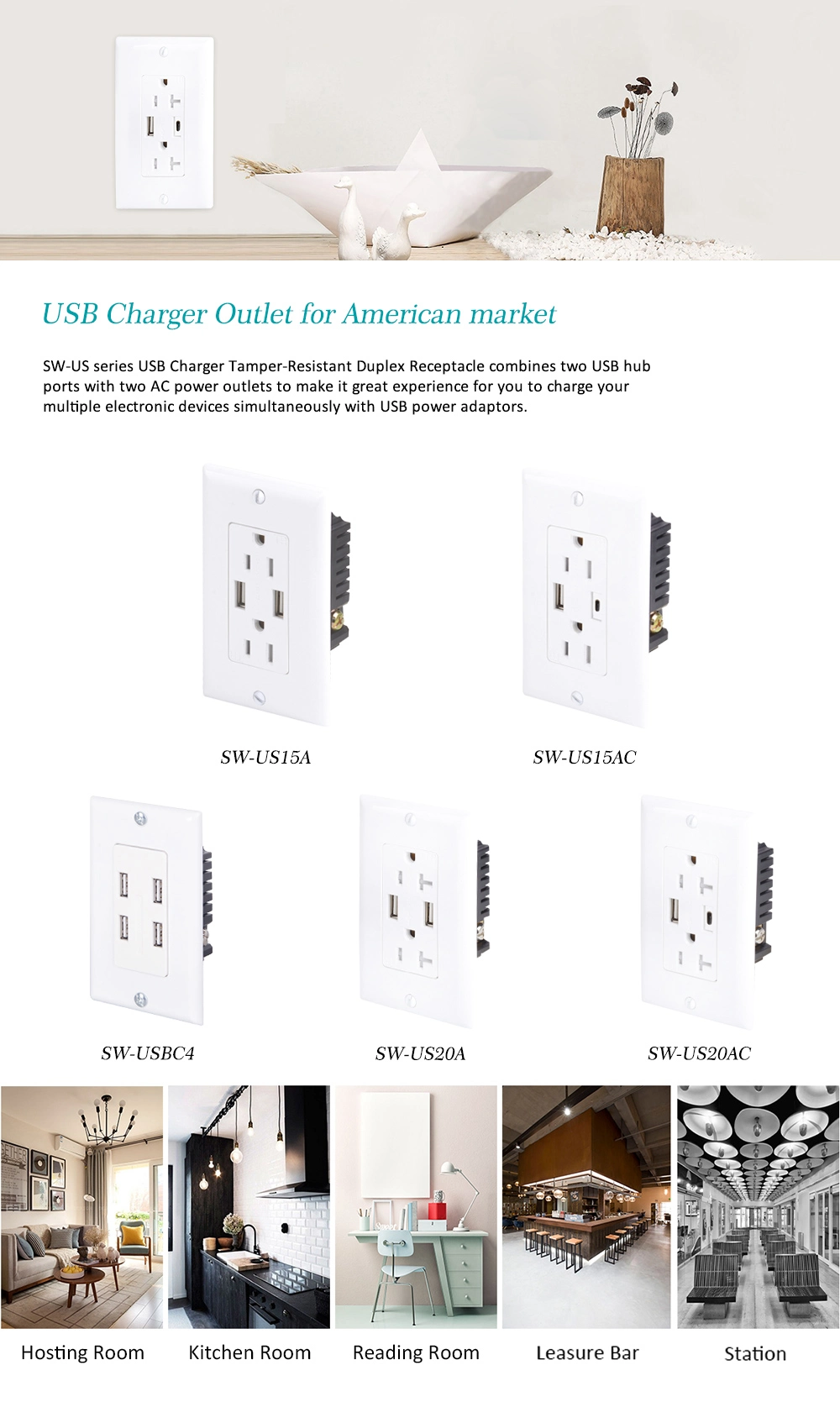 USB Outlet ETL Listed High Speed Dual USB Charger and Duplex Receptacle 15-AMP, 4A Charging Capability, Tamper Resistant Safety Outlet USB with Wall Plate