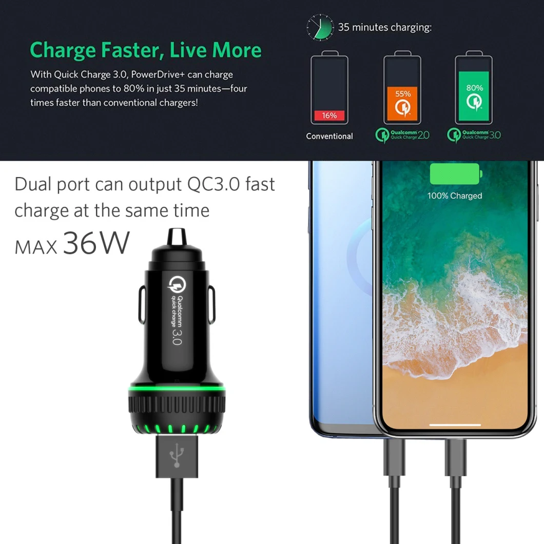 Dual Ports Quick Charger 3.0 Dual USB Fast Charging Adapter Car Charger for Mobile Phone
