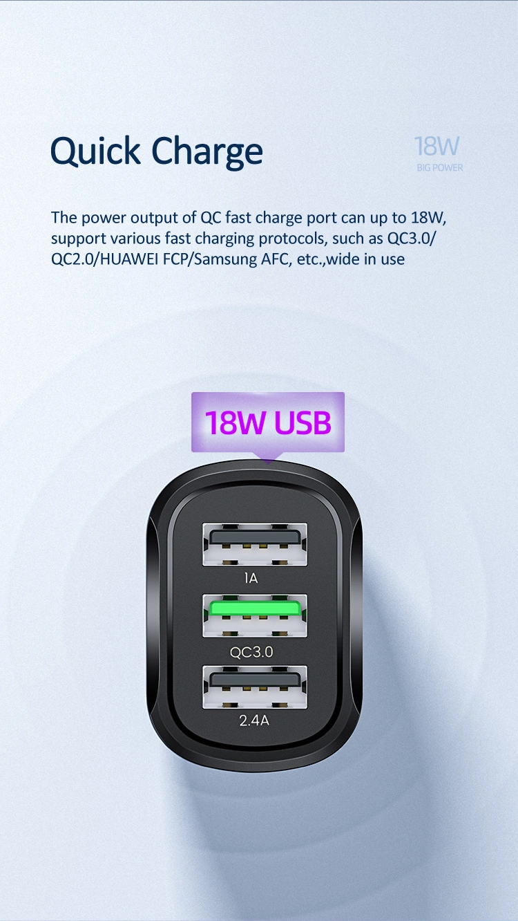 Usams OEM Fast Charging Car Chargerqc 3.0 3 Port USB Quick Charging Car Charger for iPhone
