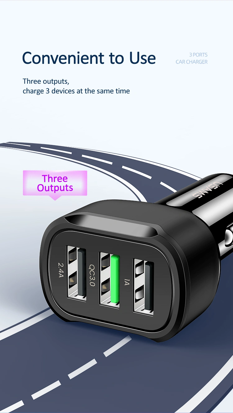 Usams OEM Fast Charging Car Chargerqc 3.0 3 Port USB Quick Charging Car Charger for iPhone