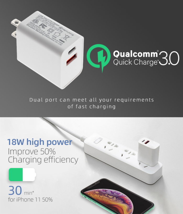 ETL UL FCC Approved 18W Pd Type C QC3.0 Quick Charger Dual Ports USB Wall Charger for Mobile Phone/Tablet