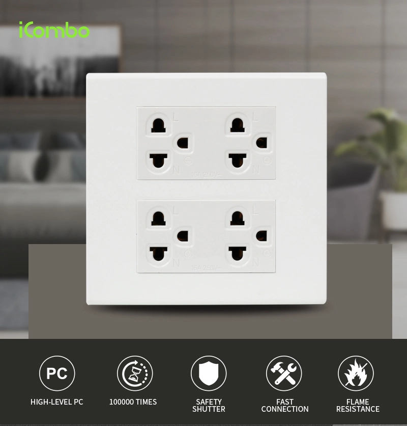 Big Plate 120*120mm Wall Duplex 6 Pin Electrical Socket Outlet for Thailand 250V 16A