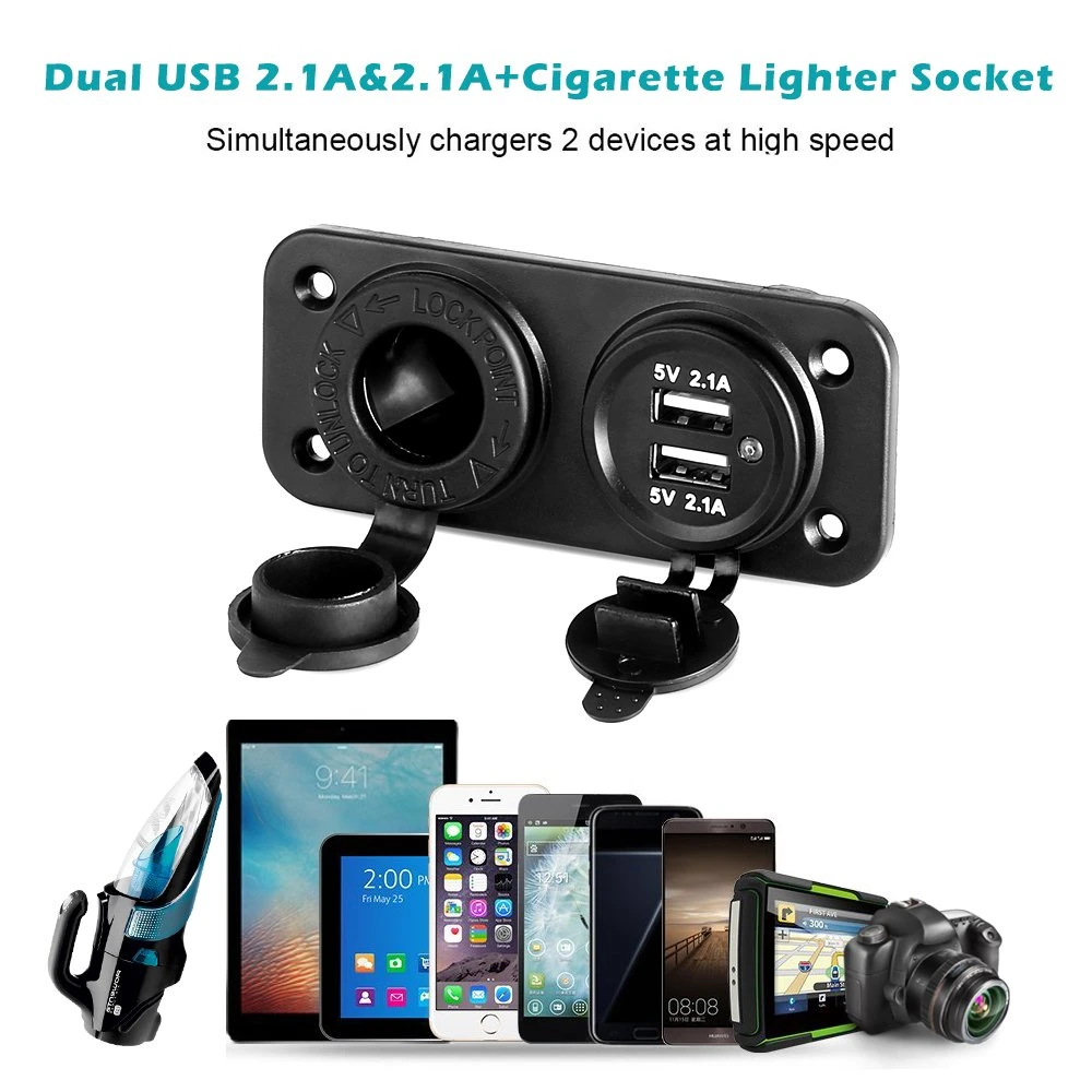 Dual USB Socket Charger 2.1A & 2.1A with LED + 12V Power Outlet Cigarette Lighter Socket, Triple Function Panel