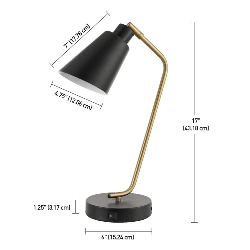 Jlt-9411 Matte Black Antique Brass Accent Task Table Lamp with Fast Charging USB Port
