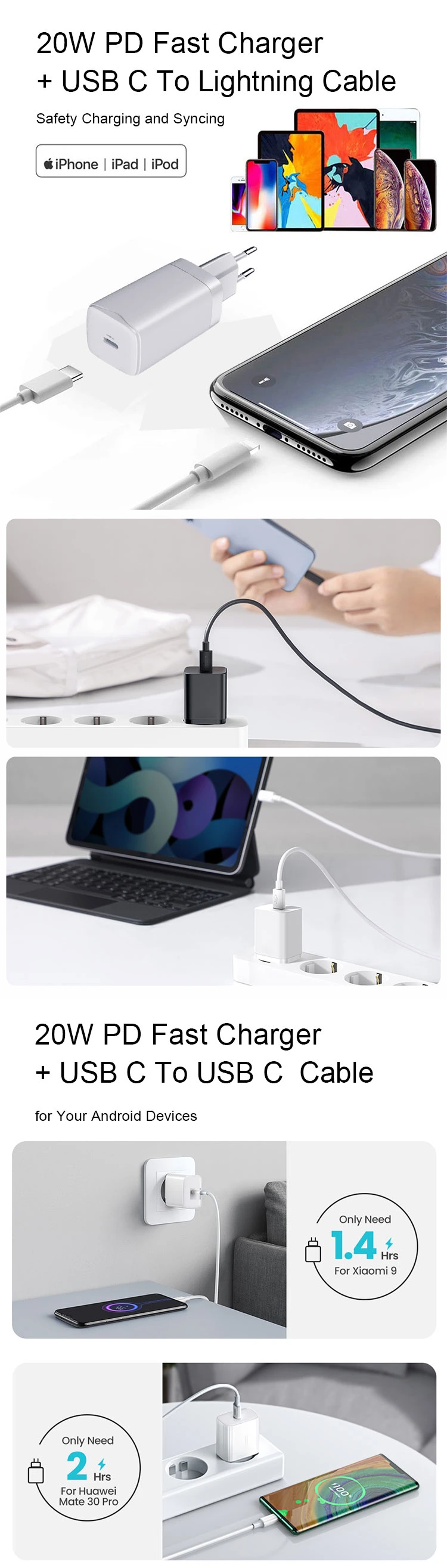 20W for iPhone Fast Charger USB C Charger Pd Wall Plug USB-C to Lightning Cable