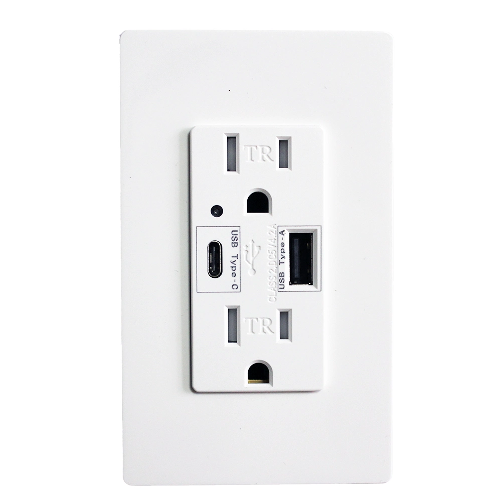 American 15A 125V 2 USB Port High Charge Wall Outlet with Type C Port, USB Receptacle, UL Listed