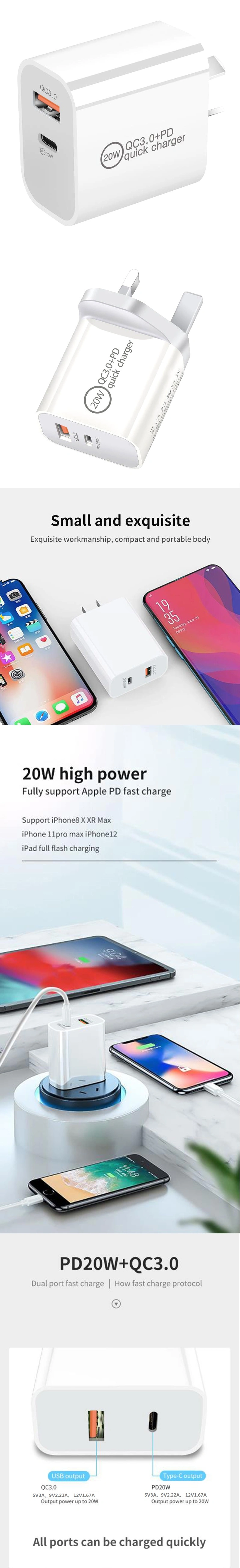 Mobile Phone Charger Certificated 20W USB C Pd QC3.0 Dual USB Wall Charger Fast Charger Pd Charger