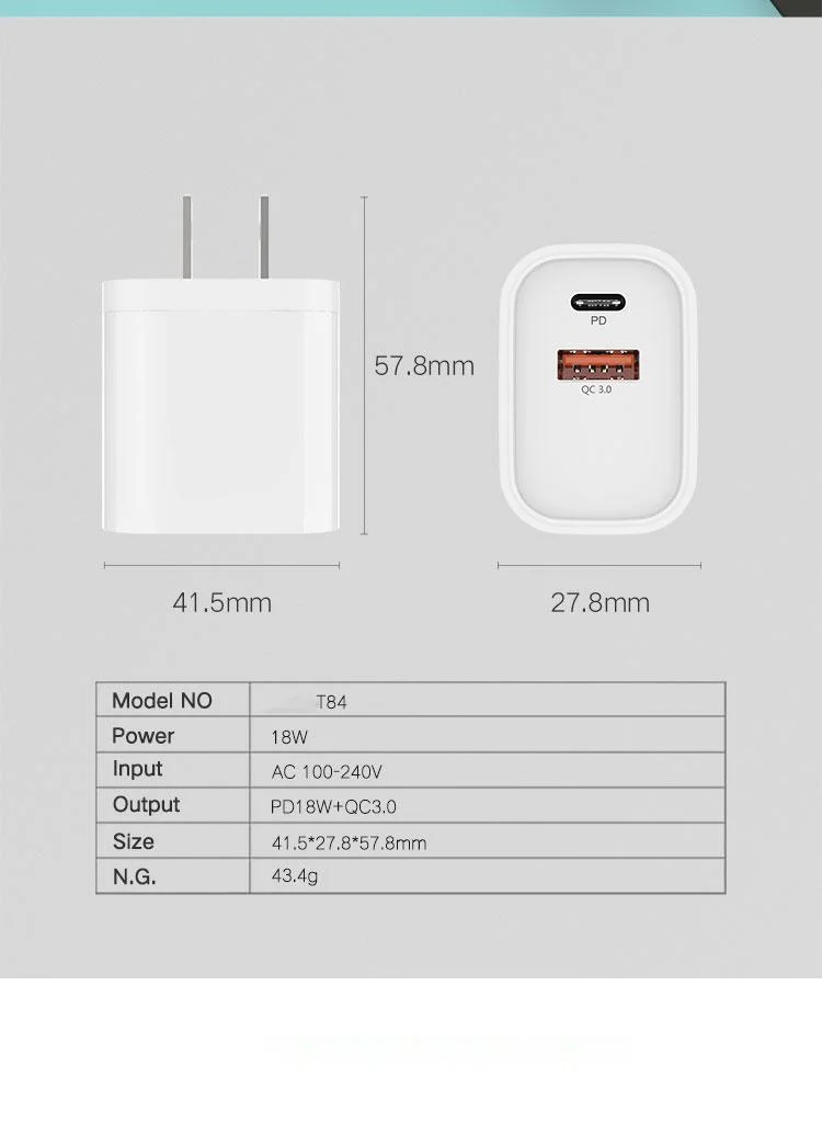 ETL Certification Type-C Fast Charger QC3.0 Pd 18W Wall Charger