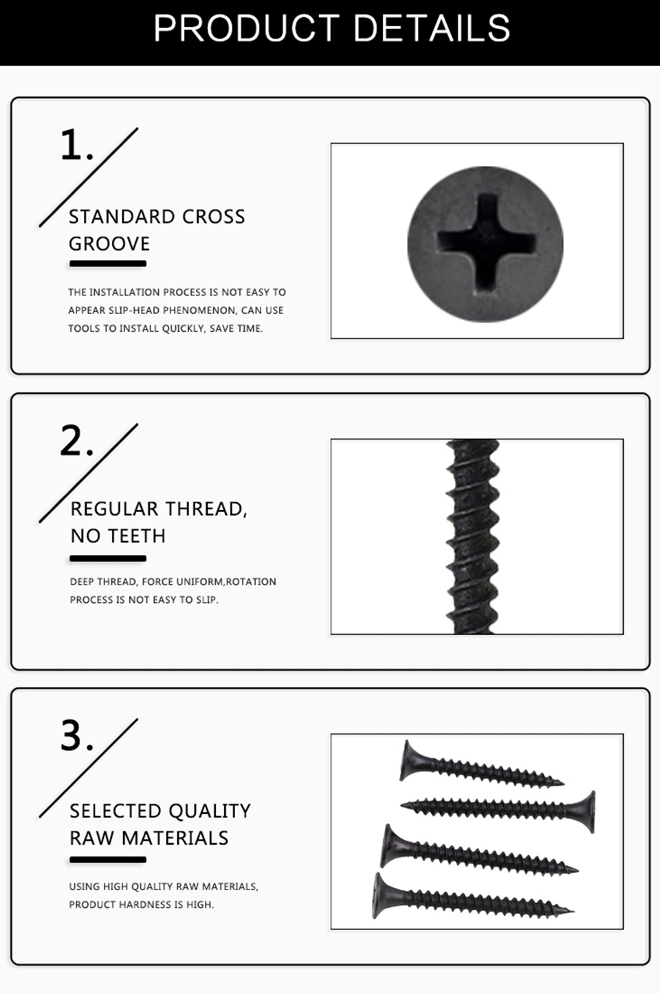 Hot Selling Factory Outlet 3.5/4.2 Size Fine Coarse Thread Black Phosphating Drywall Screws