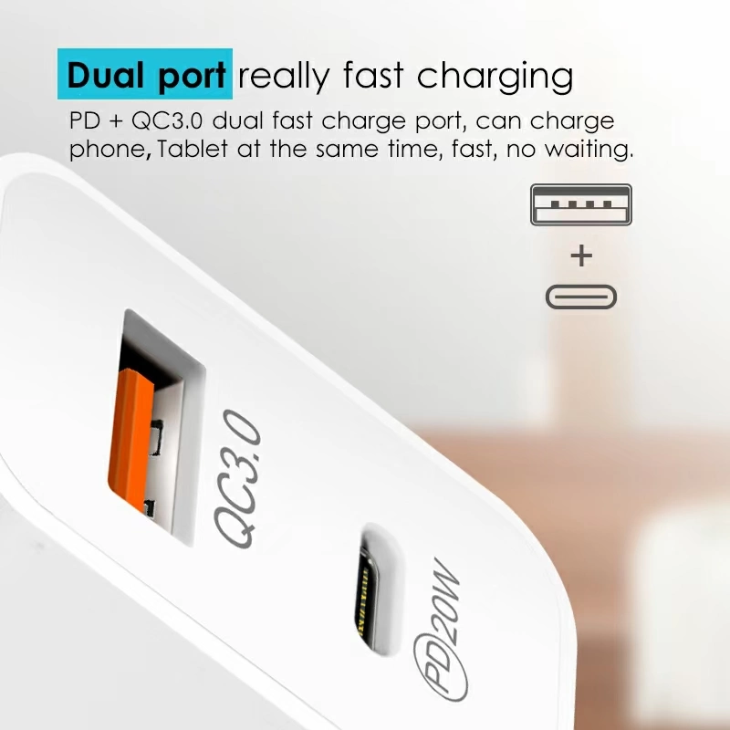 New 2021 Dual Port USB Type-C 20W Pd QC3.0 Fast Mobile Wall Charger