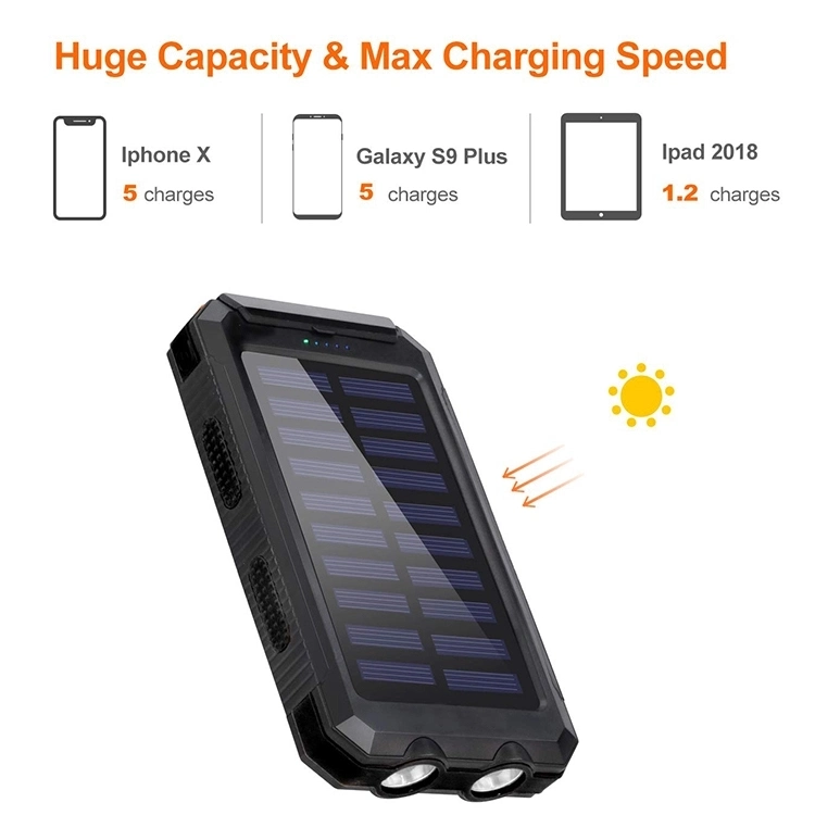 15000mAh Dual USB Cellphone Charger Emergency Solar Power Bank Charger with LED Light