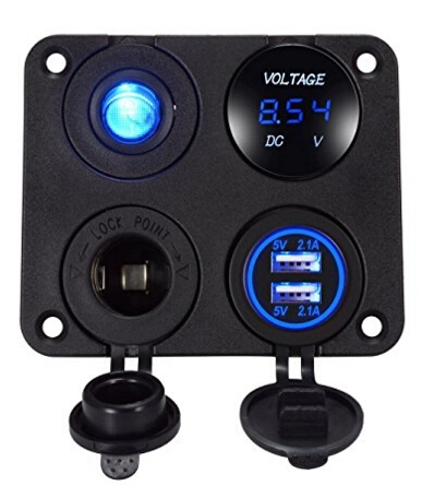 4 in 1 Charger Socket Panel, Dual USB Socket Charger 2.1A + Blue LED Voltmeter + 12V Power Outlet + on-off Toggle Switch, Four Functions Panel for Car Boat Mari