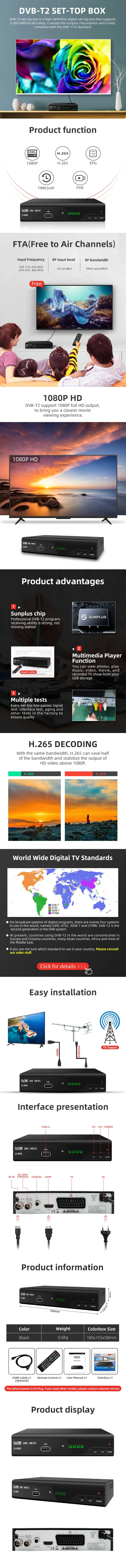 HD DVB-T2 Terrestrial Digital TV Receiver DVB-T2 H. 265 Hevc FTA Set Top Box