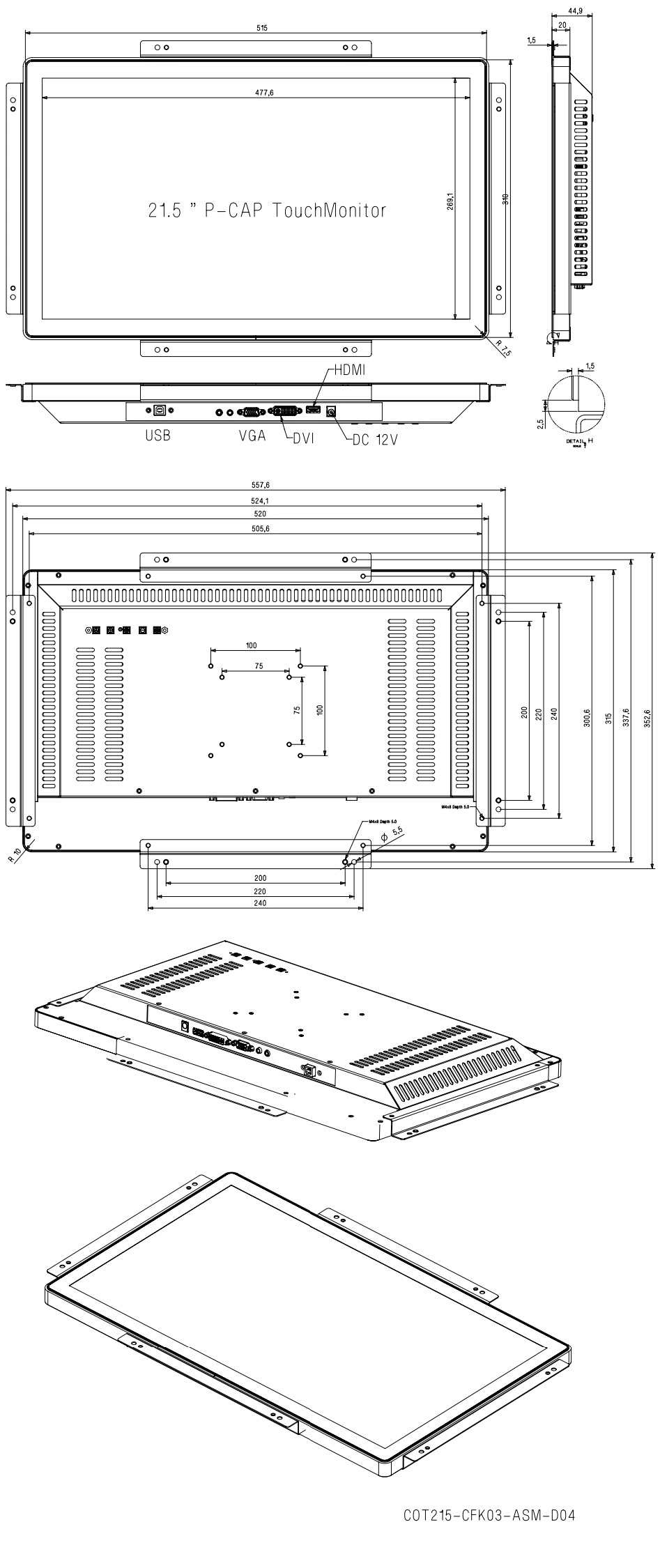 21.5'' Wide Screen IP65 Touchscreen Monitor with Pcap Touchscreen