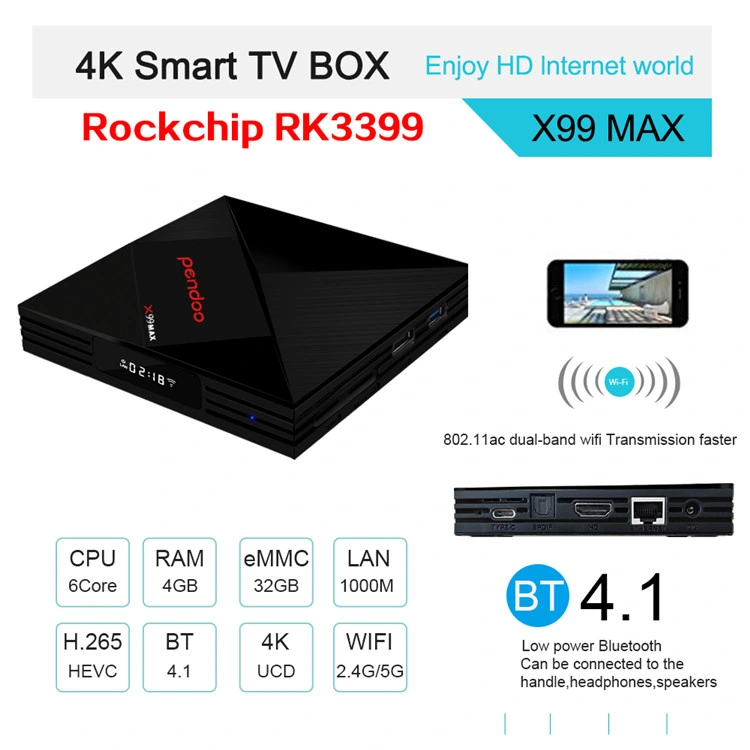 Pendoo X99 Max Rk3399 4G 32g Android 7.1 Internet TV Smart Set Top Box with HD Satellite Receiver TV Box HDD Player Set Top Box