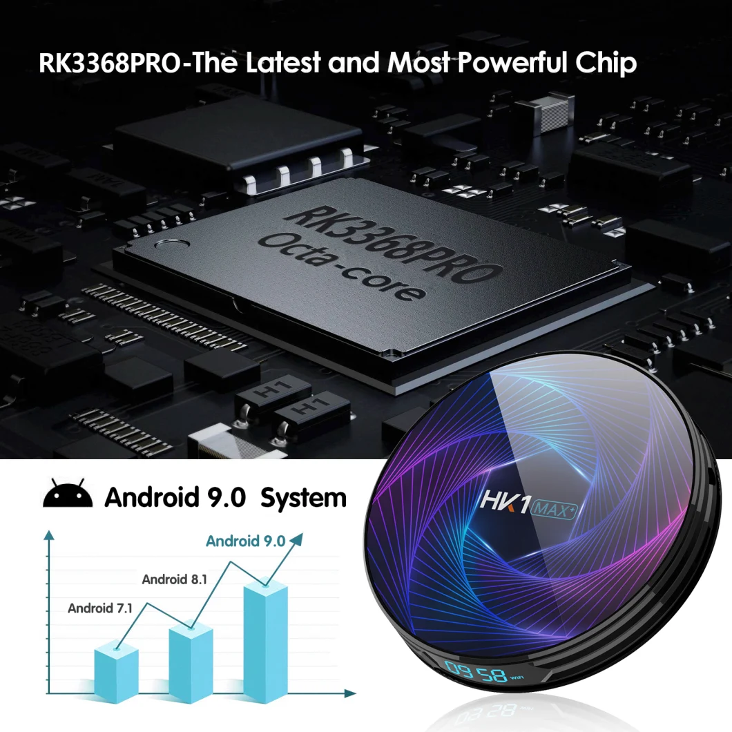 HK1 Max+ Rk3368PRO Octa-Core 64bit Cortex-A53 Android 9.0 Smart TV Box Bt4.0 WiFi 2.4G/5g Ethernet 1000m High Speed Internet Set Top Box