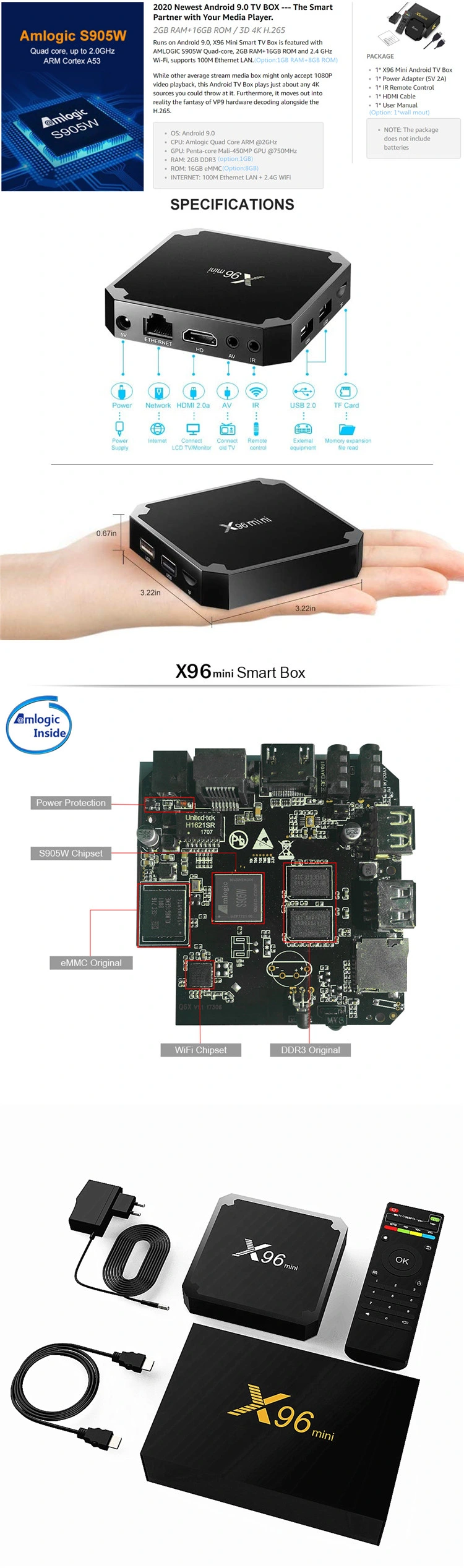 Amlogic S905W Android TV Box X96 Mini 1g 8g Smart TV Box Mini PC Android 9.0 Set Top Box with HDMI Cable Android Set Top Box