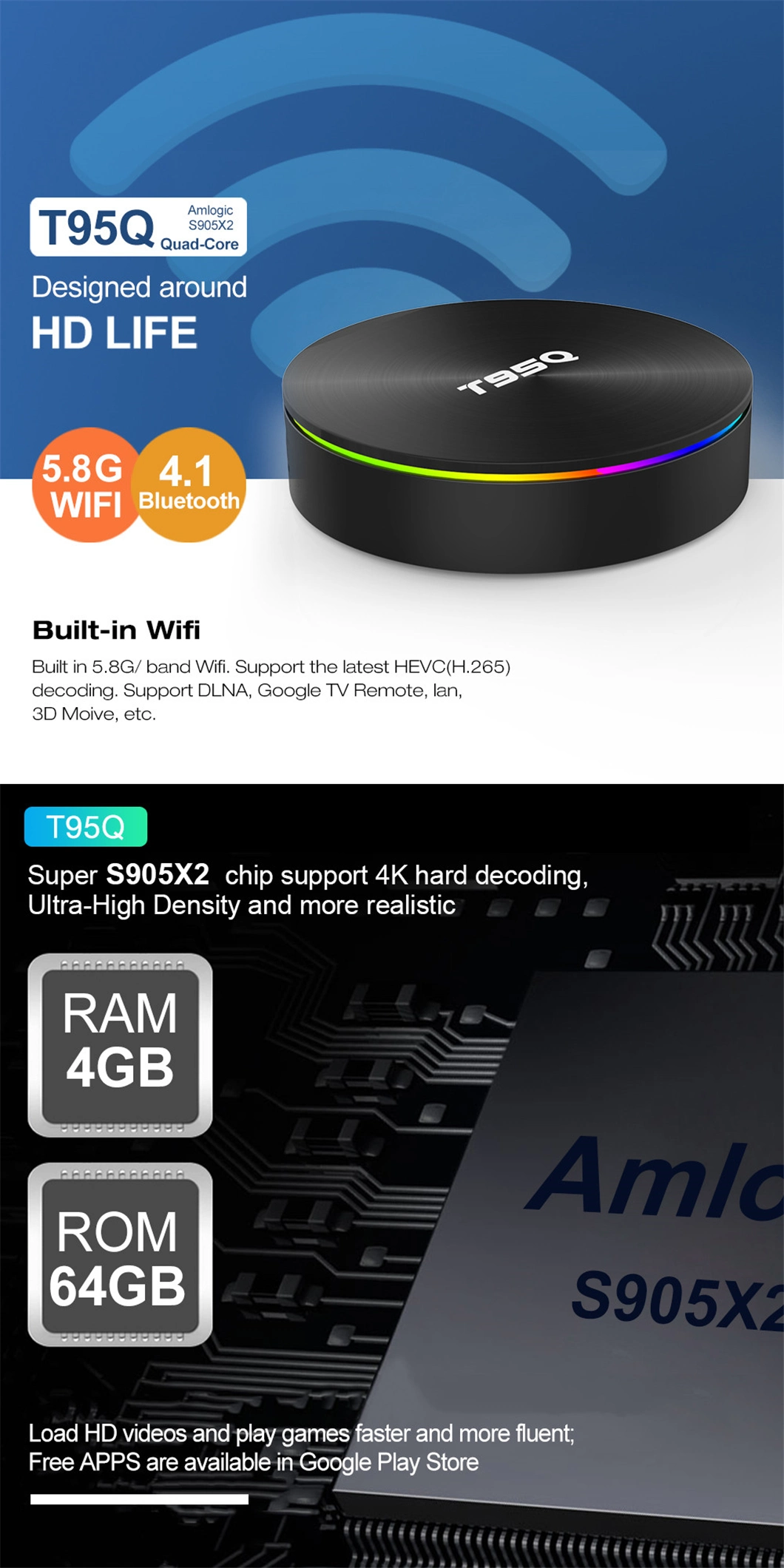 Best Android 8.1 TV Box T95q 4G/64G H. 265 Dual WiFi 4K Set Top Box