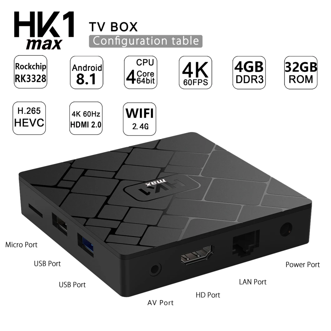 Newest HK1 Max Rk3328 Smart TV Box Quad-Core 4GB DDR3 32GB Android 9.0 TV Box with 4K Full HD Set Top Box