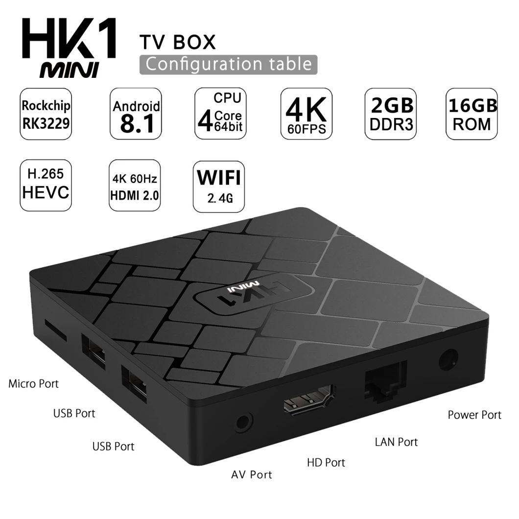 New Product The Cheapest Set Top Box HK1 Mini Rockchip Rk3229 2GB 16GB Android 8.1 Smart Android TV Box Set Top Box WiFi