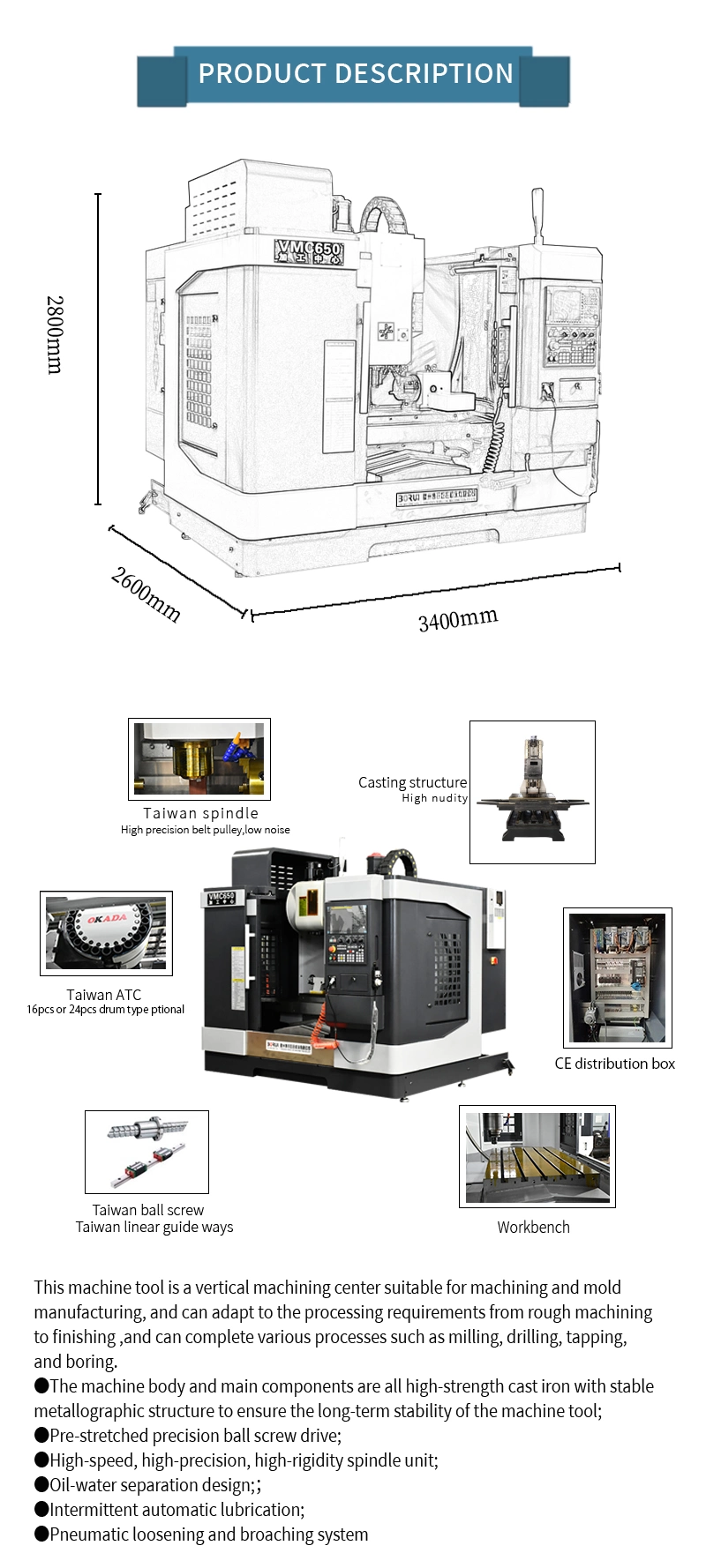 Vmc650 Siemens or Fanuc Controller Medium Size 3 Axis CNC Milling Machine