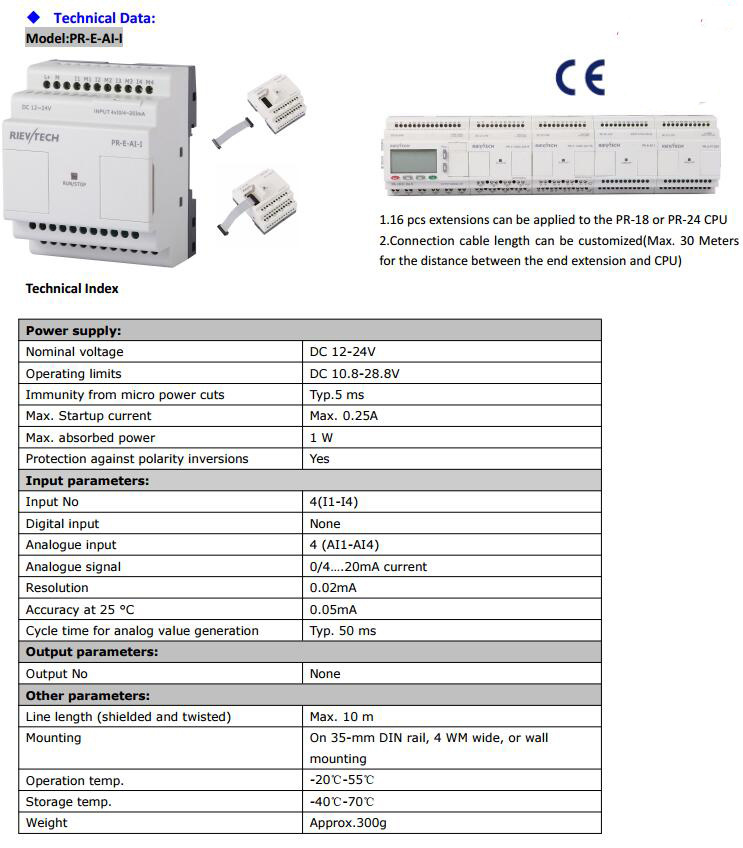 Pr-E-Ai-I, Expansion Module, Programmable Logic Controller, Smart Relay, Micro PLC Controller, Ce