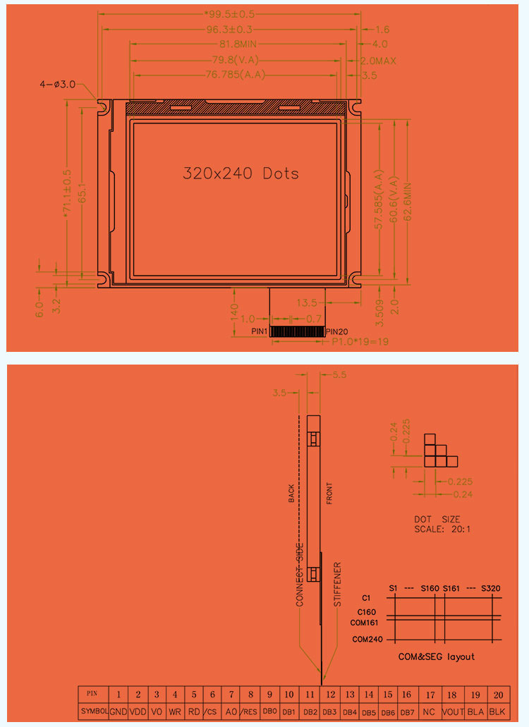 3.8 Inch LCD Panel 320X240 Graphic Cog Module Ra8835 Controller 20 Pin LCD Display