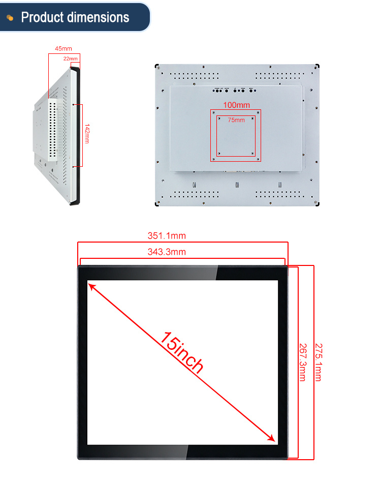 15 Inch Resistive Industrial TFT LCD HMI Touch Screen Monitor 15 Inch 300 Nits Wall Mount Panel