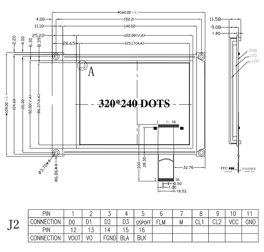 5.7 Inch 320X240 DOT Matrix Graphic 16pins White Backlight Stn LCD Display