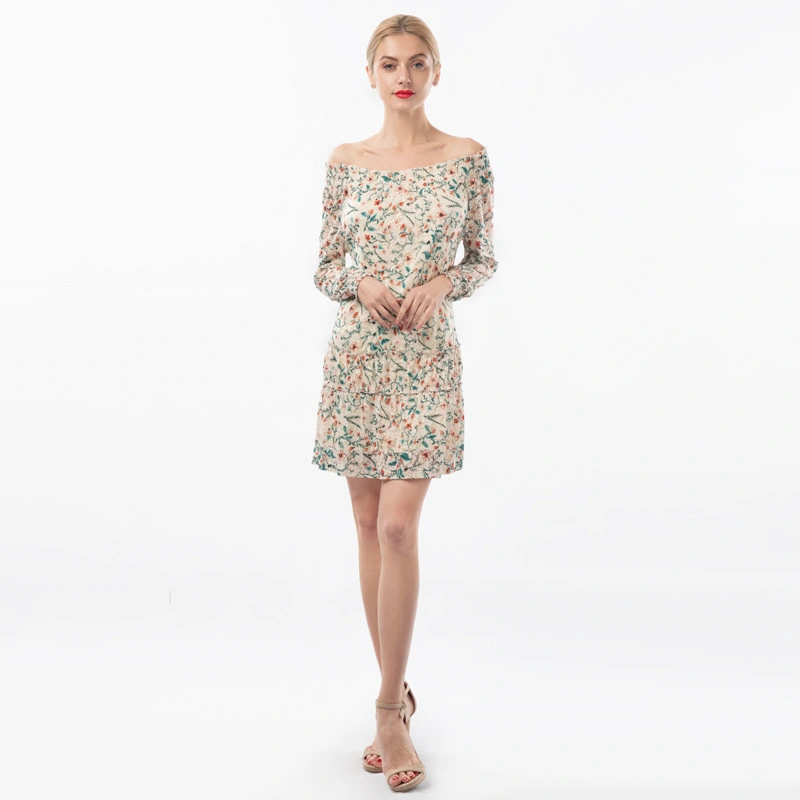 Spring Shoulder-Dropped Sweet Flower Lace Lady Mini Dress