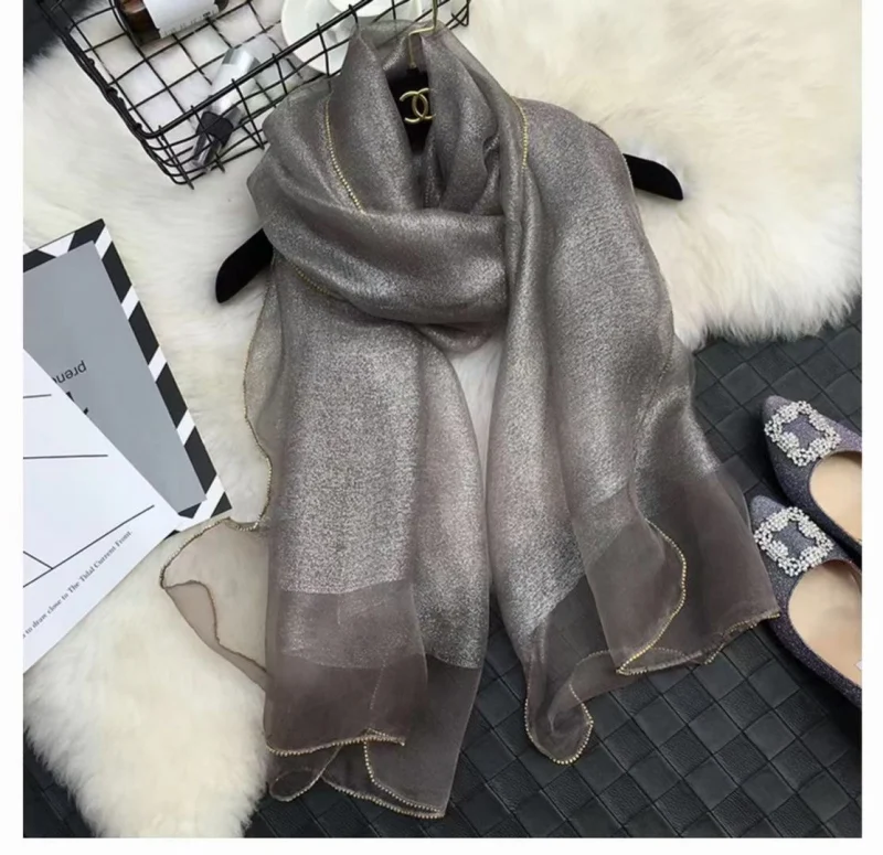 Double Layer Silk Scarf with Metal Chain