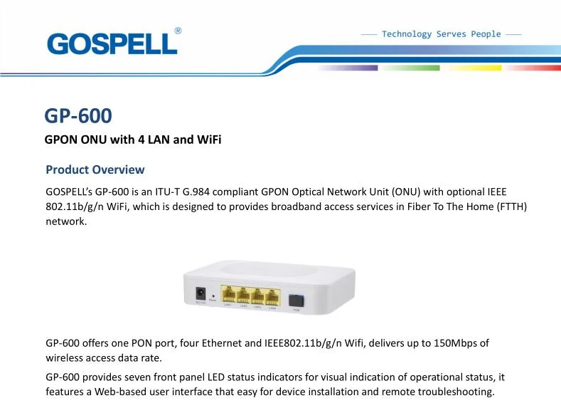 FTTH Optic Fiber Gpon ONU Pon with 4 LAN and WiFi